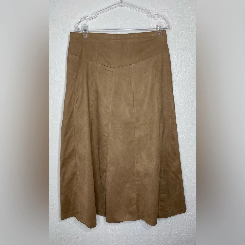 Camel Faux Suede A-Line Skirt High Waist Boho Chic Flowy Midi Western Size Med